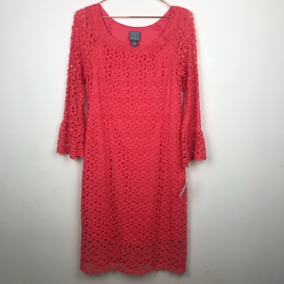 Rabbit Designs Coral Midi Eyelet Lace Overlay Bell Sleeve Dress 8 NWT - Picture 1 of 8